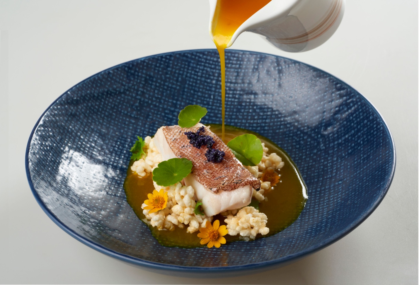 C:\Users\GCPI-ROBBY\Desktop\PRS\WHIMSICAL SELECTIONS AT TEA OF SPRING\Red Lapu Lapu Grouper Fillet, Golden Broth, Crispy Rice, Fresh Coriander, Fish Roe, Chrysanthemum Sense.png