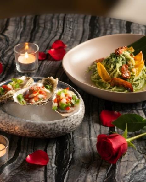 A plate of food and a candle AI-generated content may be incorrect.